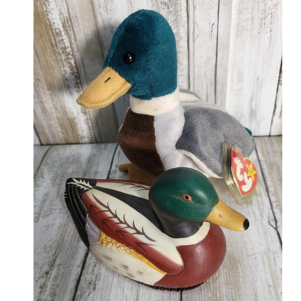 Vintage Jasco Mallard Duck Figurine Ceramic and TY Beanie Baby Jake Mallard duck